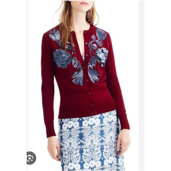 NWOT J. Crew Sequin Floral Embroidered Jackie Cardigan Small Red Unique Elegant - Picture 2 of 11